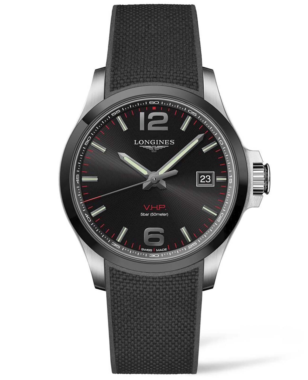 Longines Longines Conquest V.H.P. L3.729.4.56.9  L37294569 кварцевые мужские часы черный циферблат, браслет каучук — вид спереди